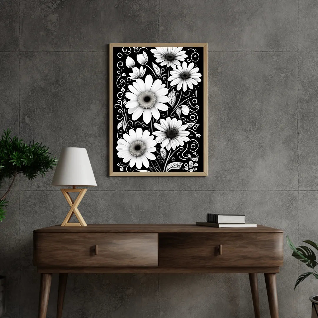 Black and White Daisies Framed Wall Art – Elegant Floral Home Decor