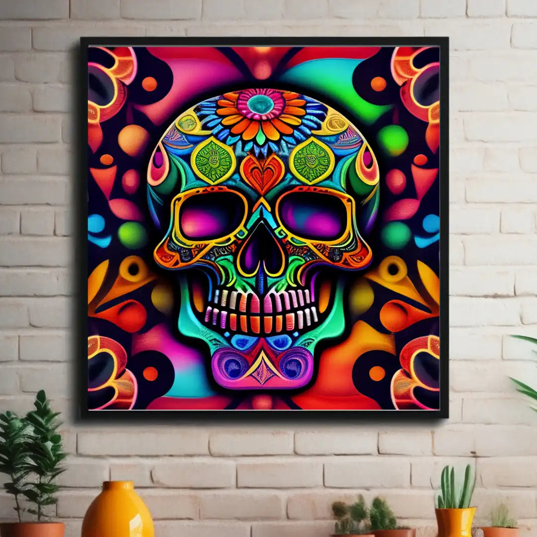 Bold Floral Fiesta Sugar Skull Art – Brightly Colored Framed Decor