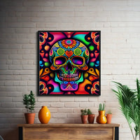Bold Floral Fiesta Sugar Skull Art – Brightly Colored Framed Decor