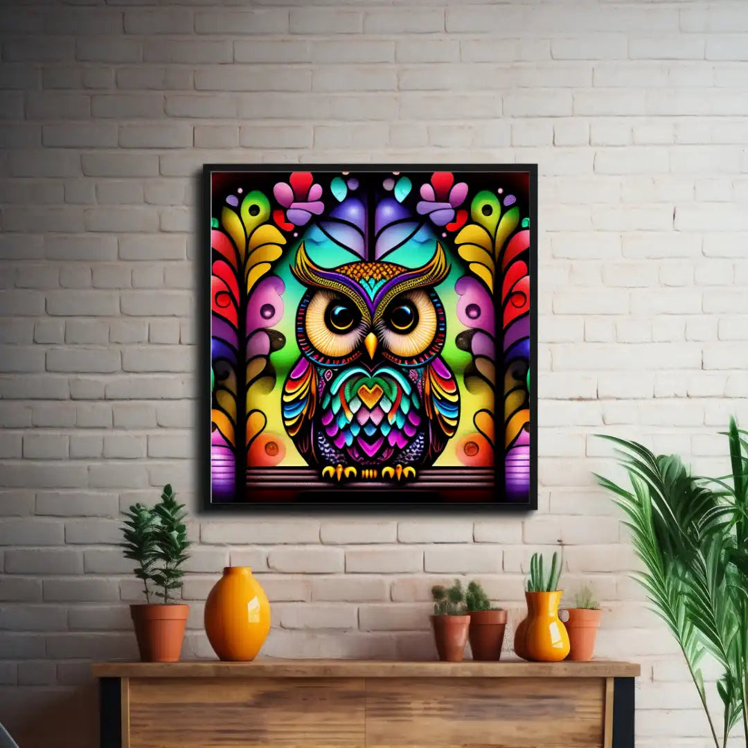 Brightly Colored Owl Sitting Framed Wall Art – Vibrant Animal Decor