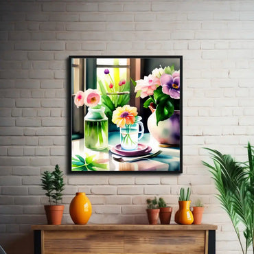 Chic Flowers and Leaves Watercolor Framed Wall Art – Stylish Floral Accent