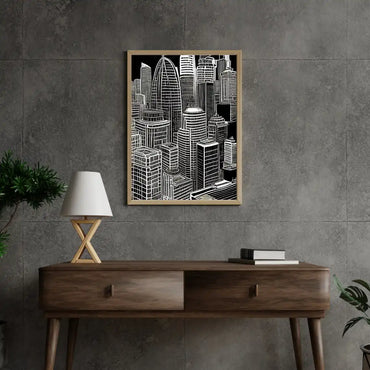 Vibrant Metropolitan Serenity  Framed Urban Scene in Black and White